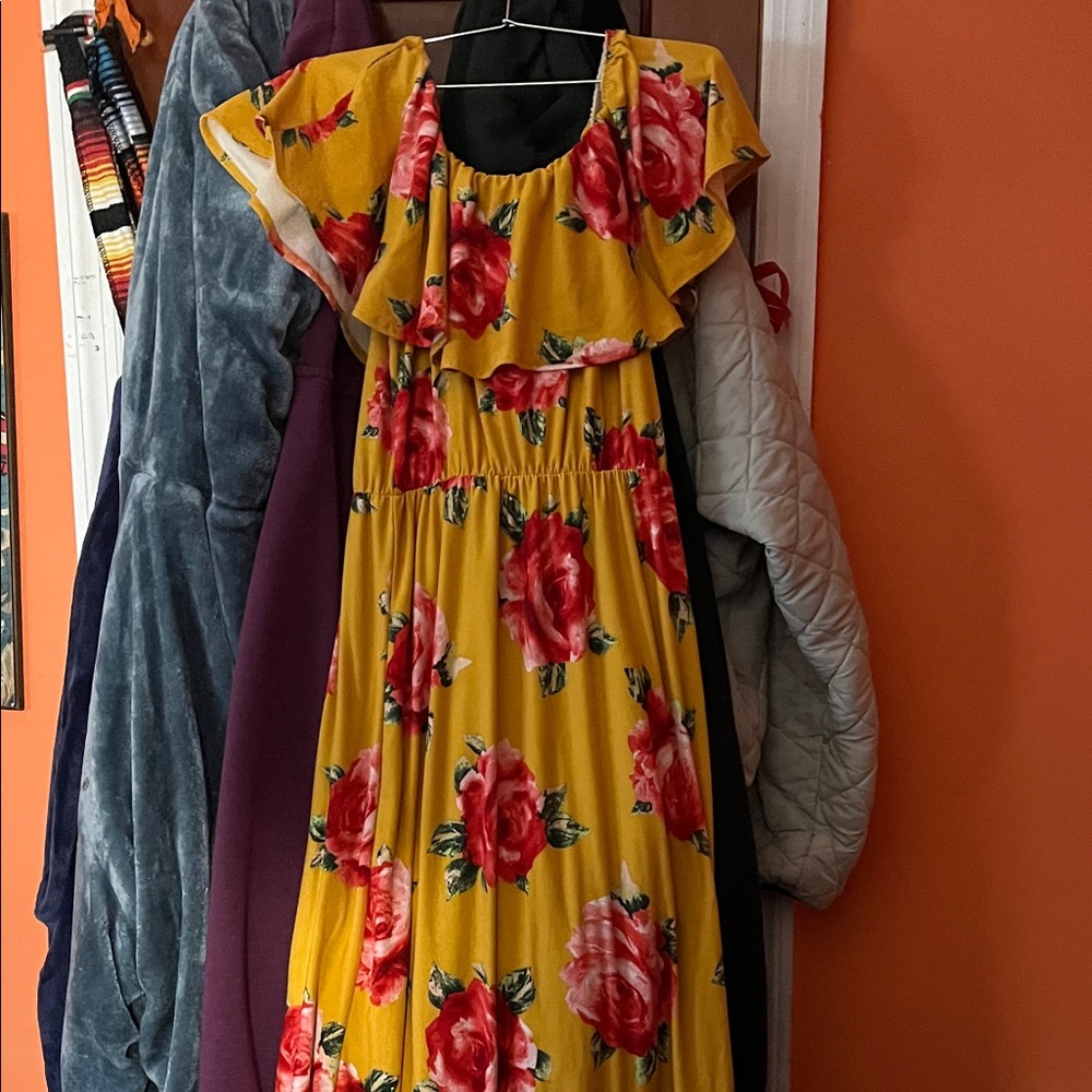 Floral Yellow Dress with Red Roses